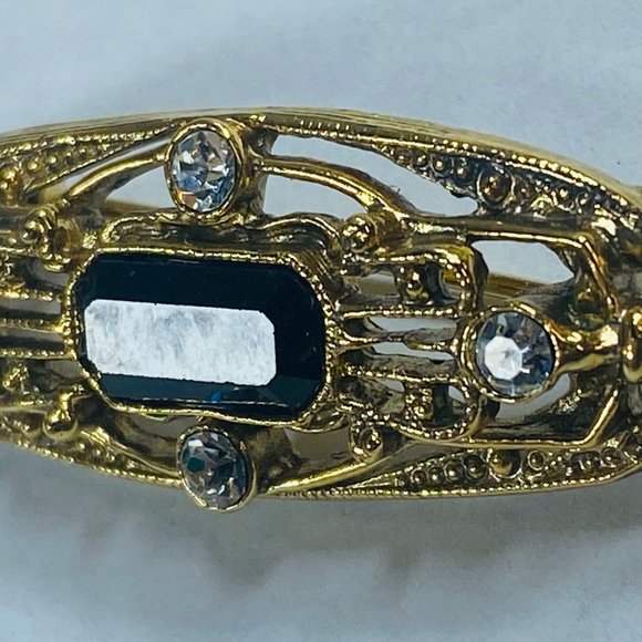 Art Deco Pin Brooch Gold Tone Faux Black Onyx Clear Rhinestone Vintage Jewelry - Picture 14 of 16